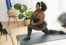 Managing Menopause and Weight Gain representation of a fat women doing yoga to lose weight, probably undergoing menopause.